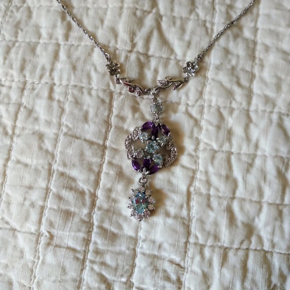 New 925 Necklace Oval Aquamarine 4 Marquise Purple Sapphires 6 Round Aquamarine